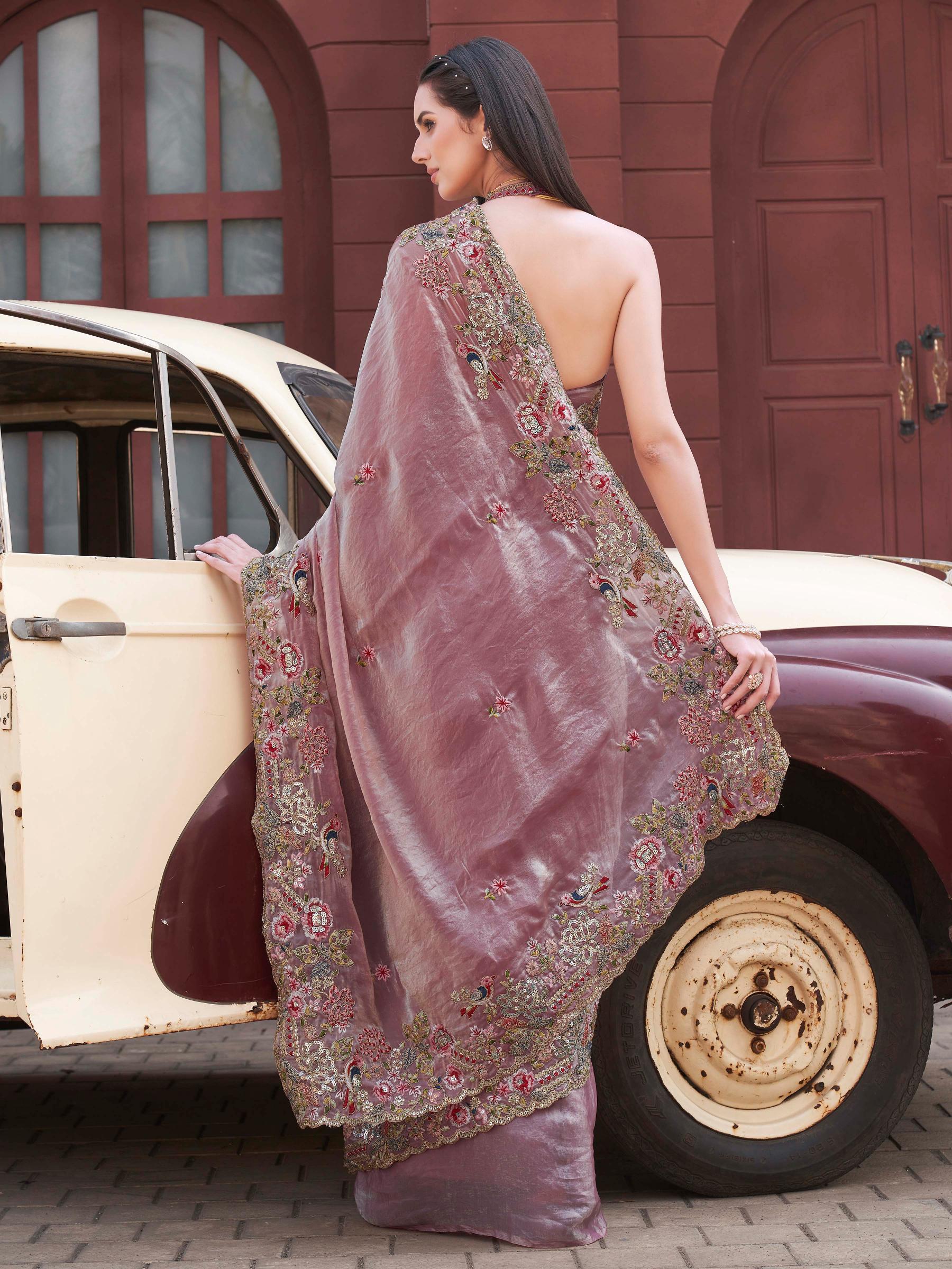 Two tone pink and gold colored jimmy choo saree with sequinned embroidery border